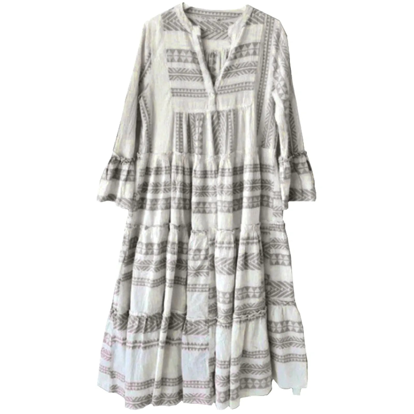 Bohemian Print Maxi Dress with V Neck and Flowy Long Sleeves