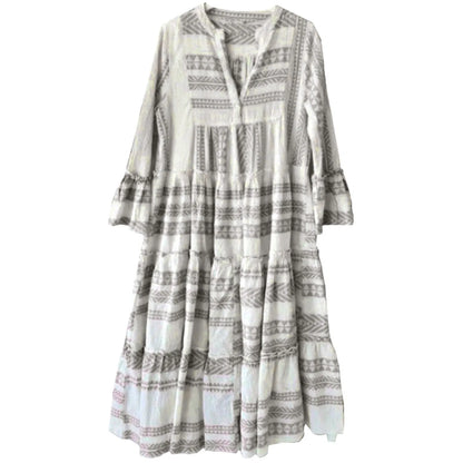 Bohemian Print Maxi Dress with V Neck and Flowy Long Sleeves