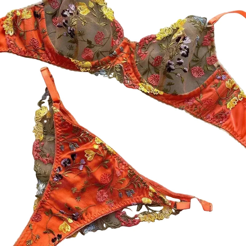 Vibrant Orange Sheer Mesh and Floral Embroidered Underwire Lingerie Set