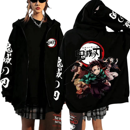 Anime-Inspired Action Streetwear Zip Hoodie with Manga Graphic Artwork