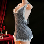 Plunging Halter-Neck Animal Print Mini Dress with White Scalloped Lace