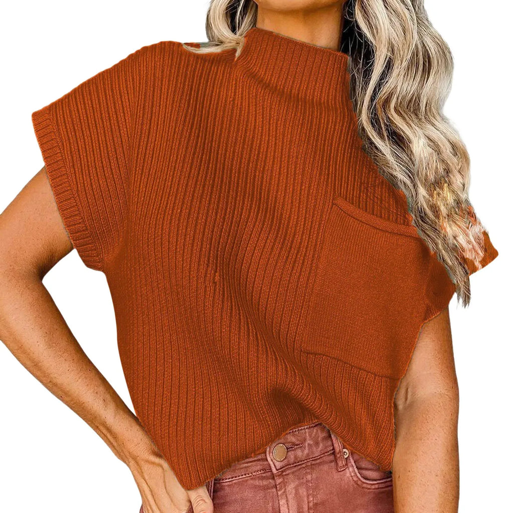 Women's Mock Neck Knit Sweater Vest with Relaxed Cap Sleeve Silhouette