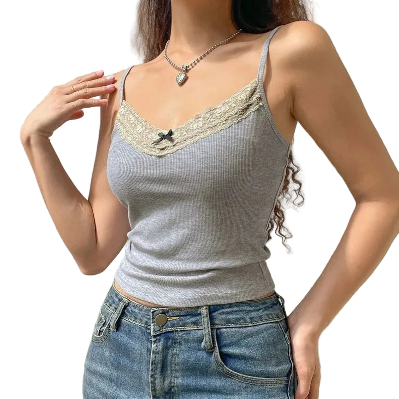 Lace Trim Knit Camisole Tank Top with Slim Fit Everyday Streetwear Style