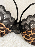 Strappy Leopard Print Underwire Lingerie Set with Black Scalloped Lace