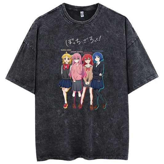 Retro Anime Goth Graphic Tee with Kawaii Manga Group Artwork