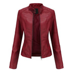 Women's Minimalist Faux Leather Zip Jacket with Stand Collar Contemporary Streetwear Style