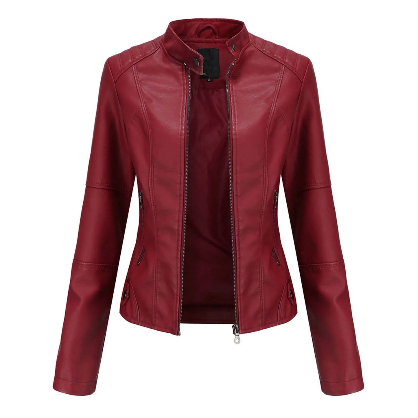 Women's Minimalist Faux Leather Zip Jacket with Stand Collar Contemporary Streetwear Style