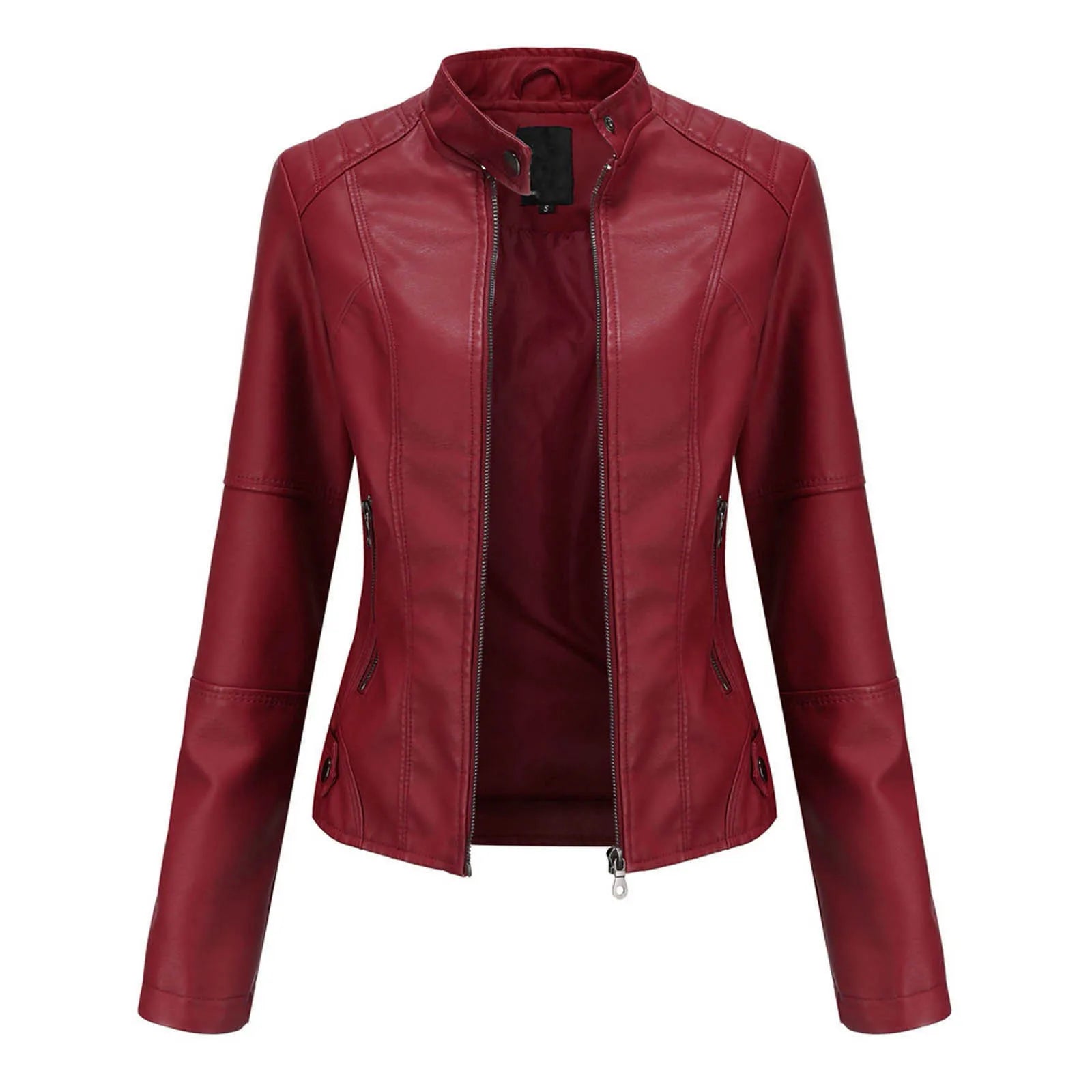 Women's Minimalist Faux Leather Zip Jacket with Stand Collar Contemporary Streetwear Style
