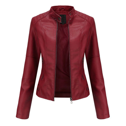 Women's Minimalist Faux Leather Zip Jacket with Stand Collar Contemporary Streetwear Style