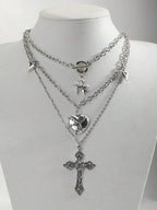 Layered Cross Pendant Necklace Set for Gothic Punk and Alternative Streetwear Fashion Styling