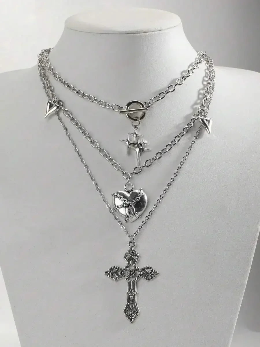Layered Cross Pendant Necklace Set for Gothic Punk and Alternative Streetwear Fashion Styling