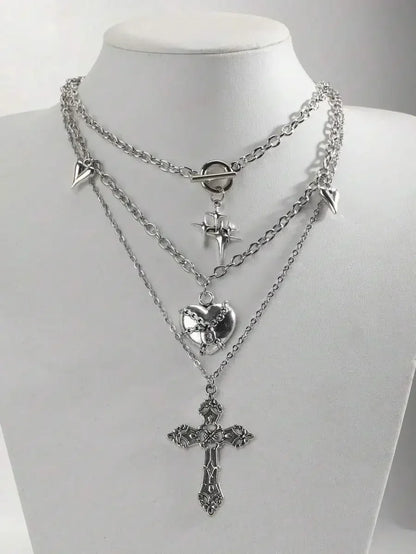 Layered Cross Pendant Necklace Set for Gothic Punk and Alternative Streetwear Fashion Styling