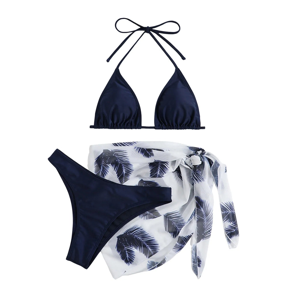 Emerald Green Three-Piece Bikini Set with Halter Triangle Top, Matching Bikini Bottom and Printed Beach Wrap