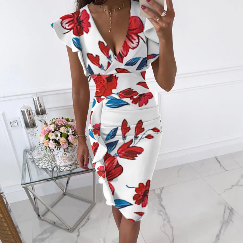 Form-Fitting Black Floral Midi Dress with Flutter Sleeves and Ruched Side Detailing