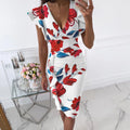 Form-Fitting Black Floral Midi Dress with Flutter Sleeves and Ruched Side Detailing
