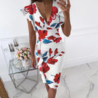 Form-Fitting Black Floral Midi Dress with Flutter Sleeves and Ruched Side Detailing