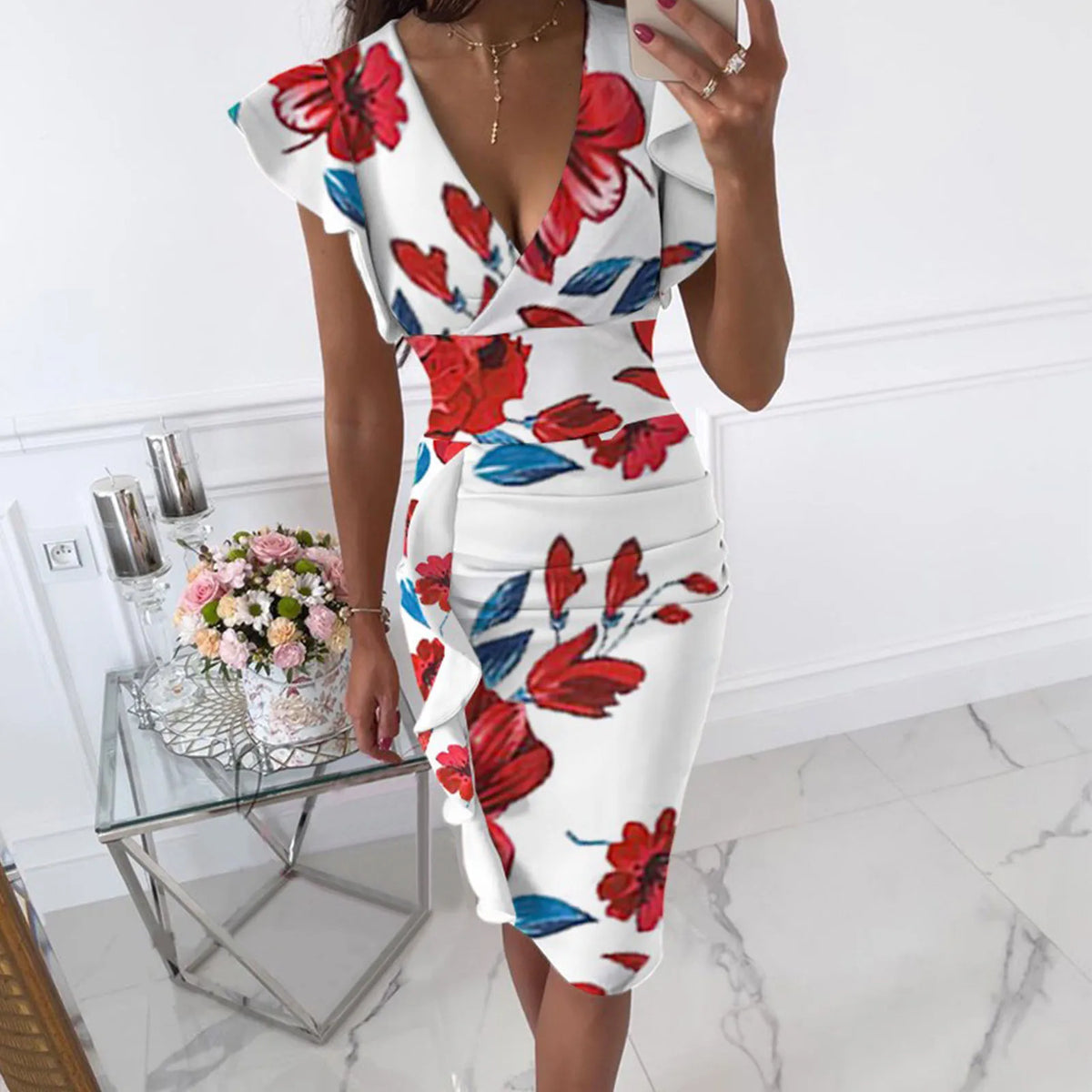 Form-Fitting Black Floral Midi Dress with Flutter Sleeves and Ruched Side Detailing