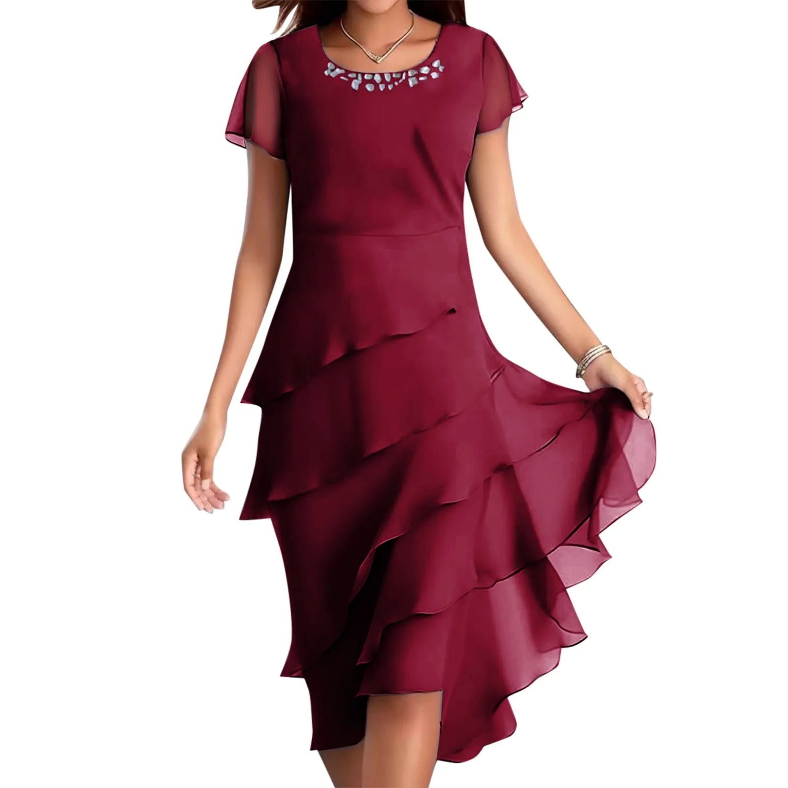 Layered Chiffon Midi Dress with Puff Sleeves and Cascading Ruffle Hem