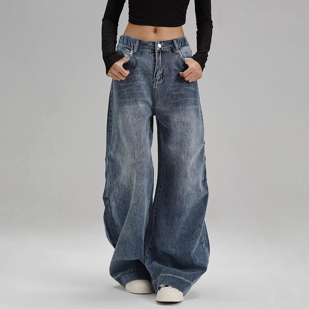 Women's Mid-Rise Loose Wide-Leg Straight Denim Jeans with Vintage Washed Everyday Casual Style