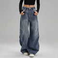 Women's Mid-Rise Loose Wide-Leg Straight Denim Jeans with Vintage Washed Everyday Casual Style