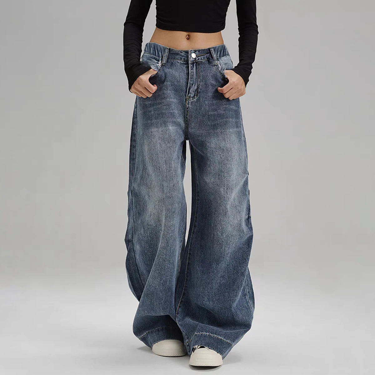 Women's Mid-Rise Loose Wide-Leg Straight Denim Jeans with Vintage Washed Everyday Casual Style