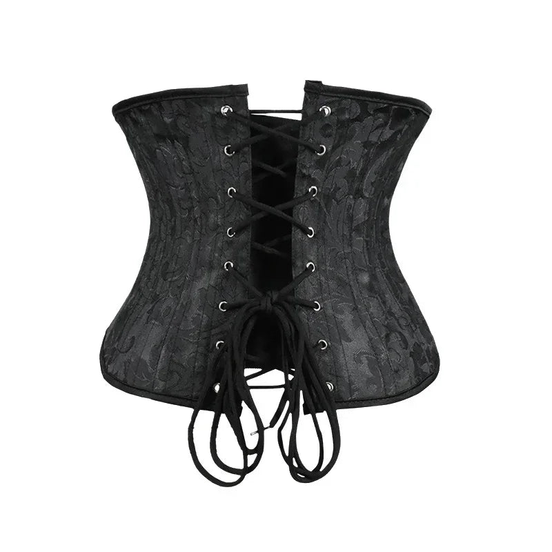 Elegant Black Floral Damask Underbust Waist Cincher with Front Metal Busk