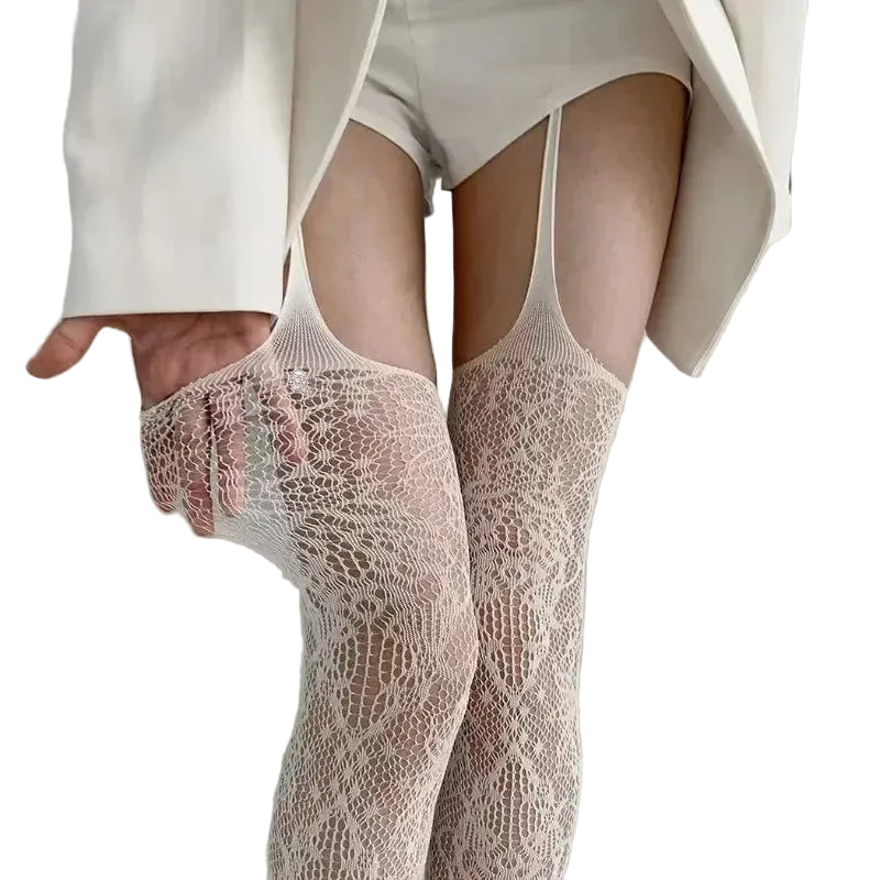 Floral Fishnet Thigh High Stockings with Decorative Suspender Inspired Mesh Design