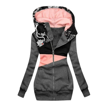 Women's Hooded Zip-Up Jacket with Patchwork Graphic Relaxed Streetwear Everyday Style