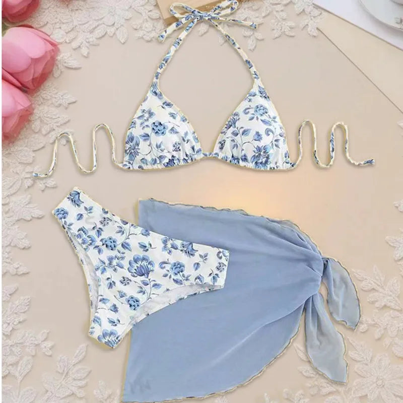 Three-Piece Pink Floral Triangle Bikini Set with Matching Sheer Sarong