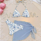 Three-Piece Pink Floral Triangle Bikini Set with Matching Sheer Sarong