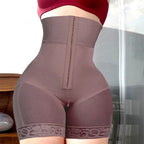 High-Waisted Mid-Thigh Shaping Shorts with Center Closure and Floral Lace Hem
