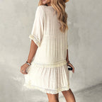 Relaxed Bohemian V-Neck Tunic Dress with Ornate Trim and Lace Details