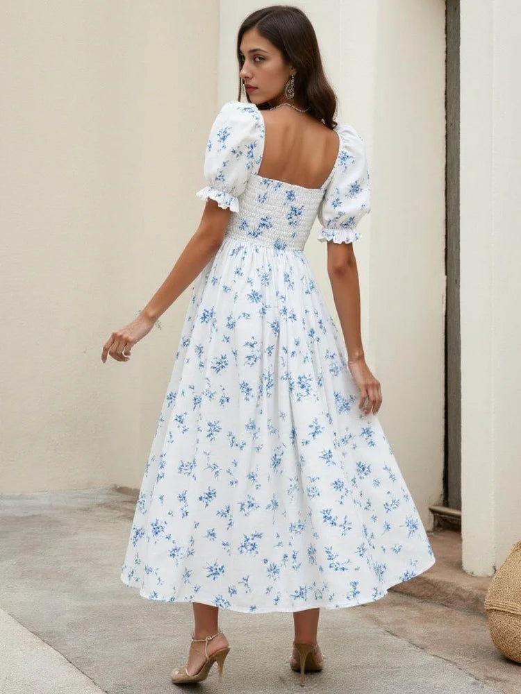 Blue Floral Print Smocked Midi Dress with Square Neckline and Puff Sleeves