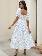 Blue Floral Print Smocked Midi Dress with Square Neckline and Puff Sleeves