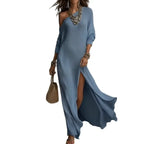 Long Sleeve Pleated Split Maxi Dress with Flowing Contemporary Elegance