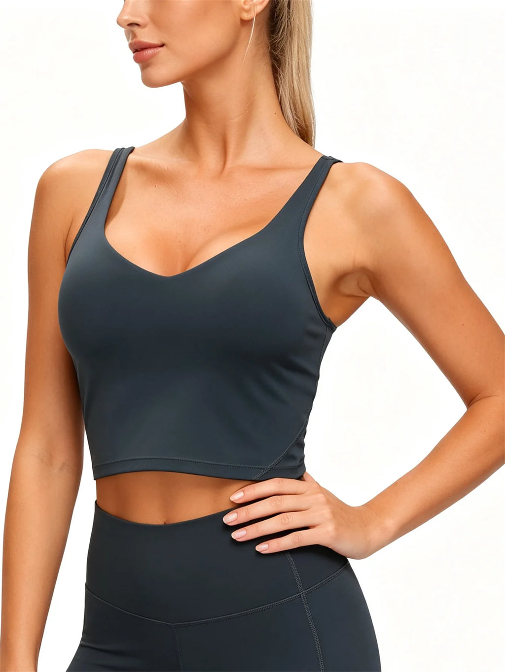 Longline Solid Black Sports Bra with Scoop Neckline and Medium Support