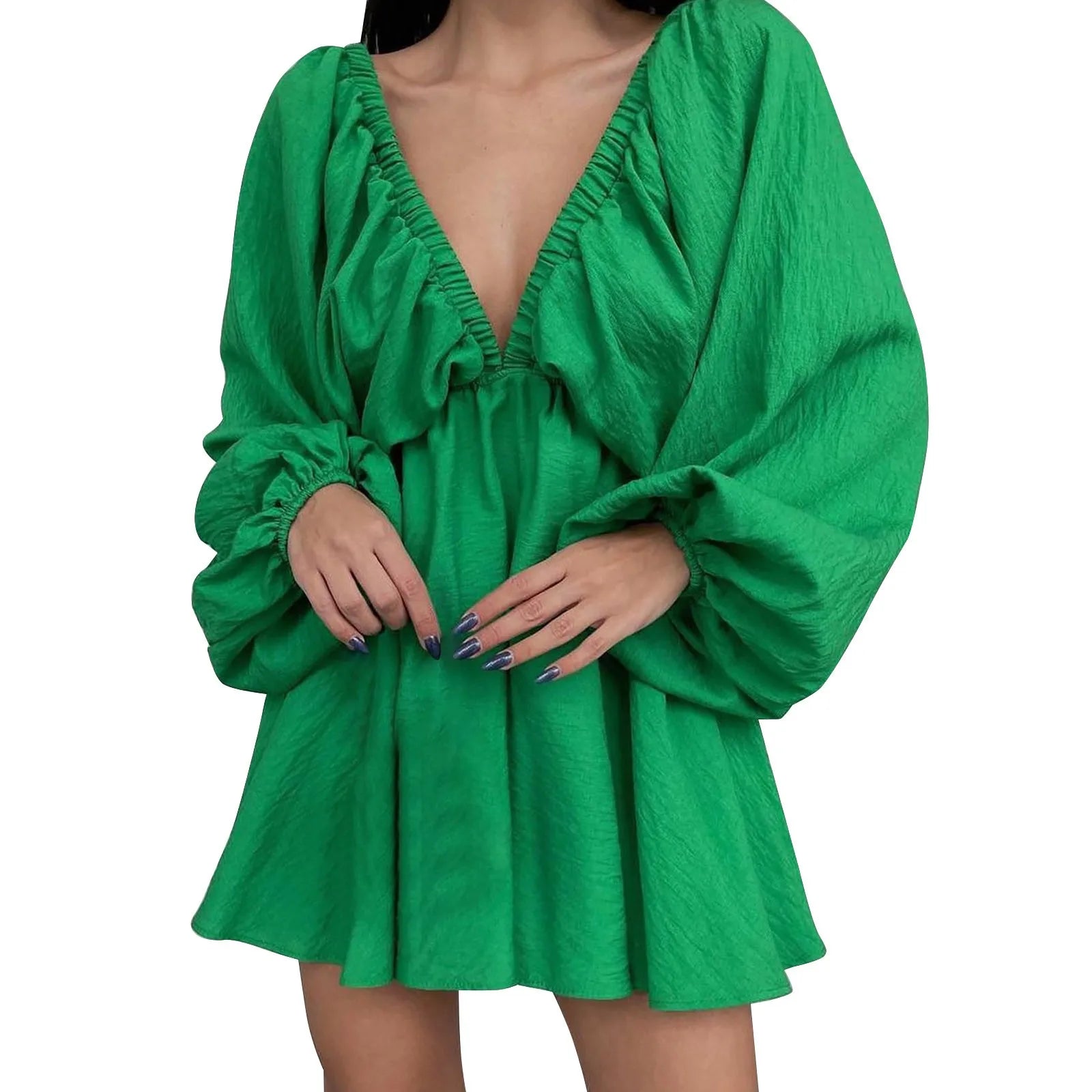 Deep V Neck Pleated Maxi Dress with Flowing Long Sleeves