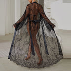 Dramatic Floor-Length Sheer Floral Lace Robe with Long Sleeves and Satin-Style Belt