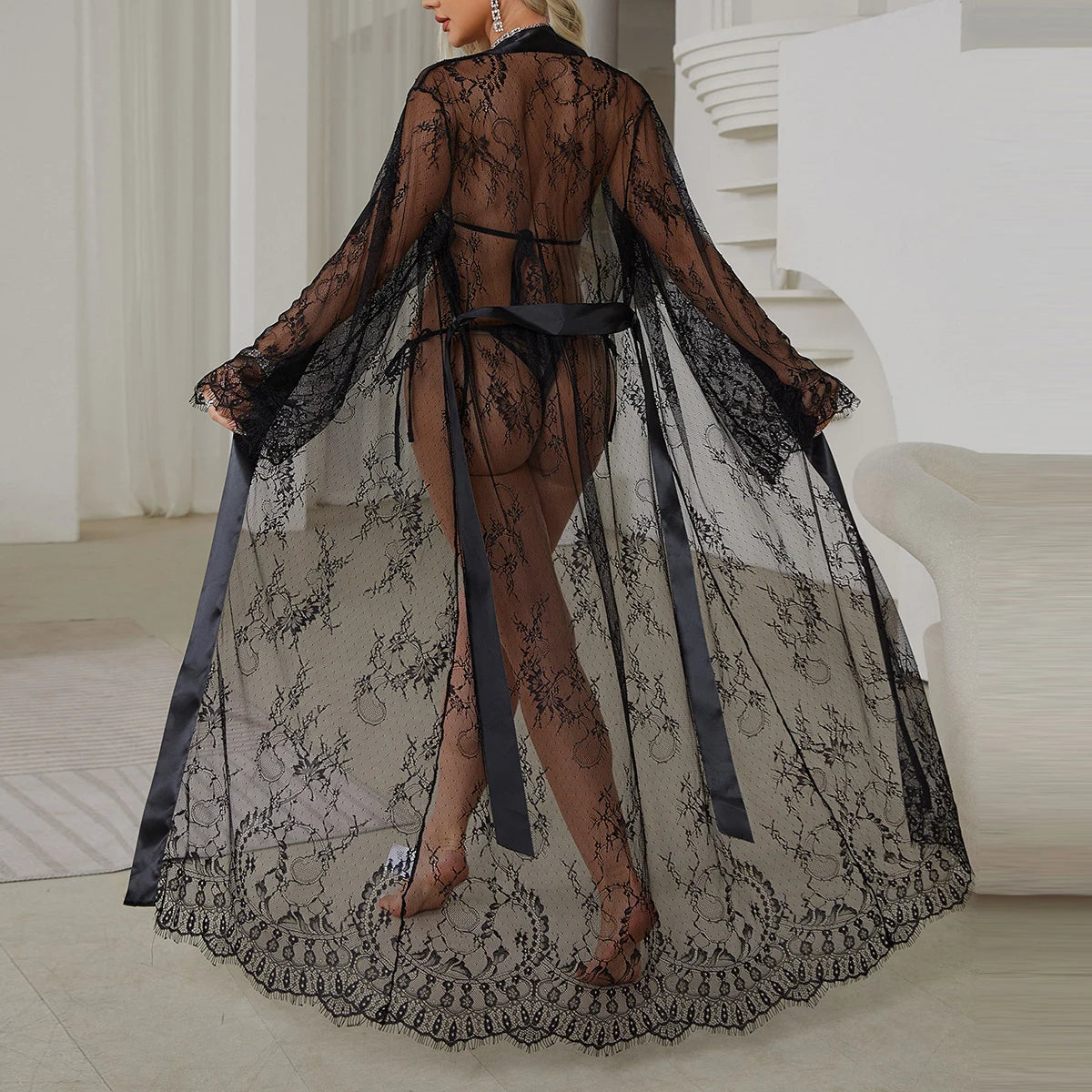 Dramatic Floor-Length Sheer Floral Lace Robe with Long Sleeves and Satin-Style Belt