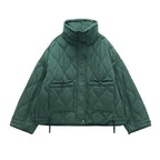 Women's Oversized Quilted Zip Jacket with Stand Collar Contemporary Casual Outerwear Style