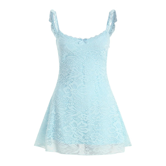Sleeveless Lace Trim Mini Dress with Ruffle Hem and Romantic Silhouette