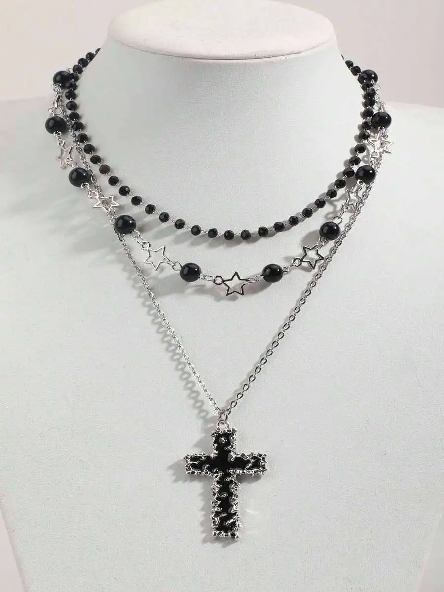 Layered Cross Pendant Necklace Set for Gothic Punk and Alternative Streetwear Fashion Styling
