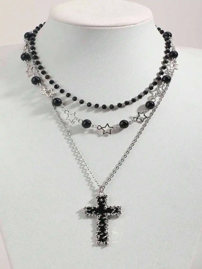 Layered Cross Pendant Necklace Set for Gothic Punk and Alternative Streetwear Fashion Styling