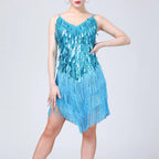 Dazzling White Sequin and Tassel Fringe Mini Dress with V-Neckline
