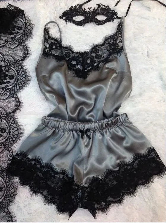 Contrasting Black Lace and Peach Satin-Finish Two-Piece Cami and Shorts Sleep Set
