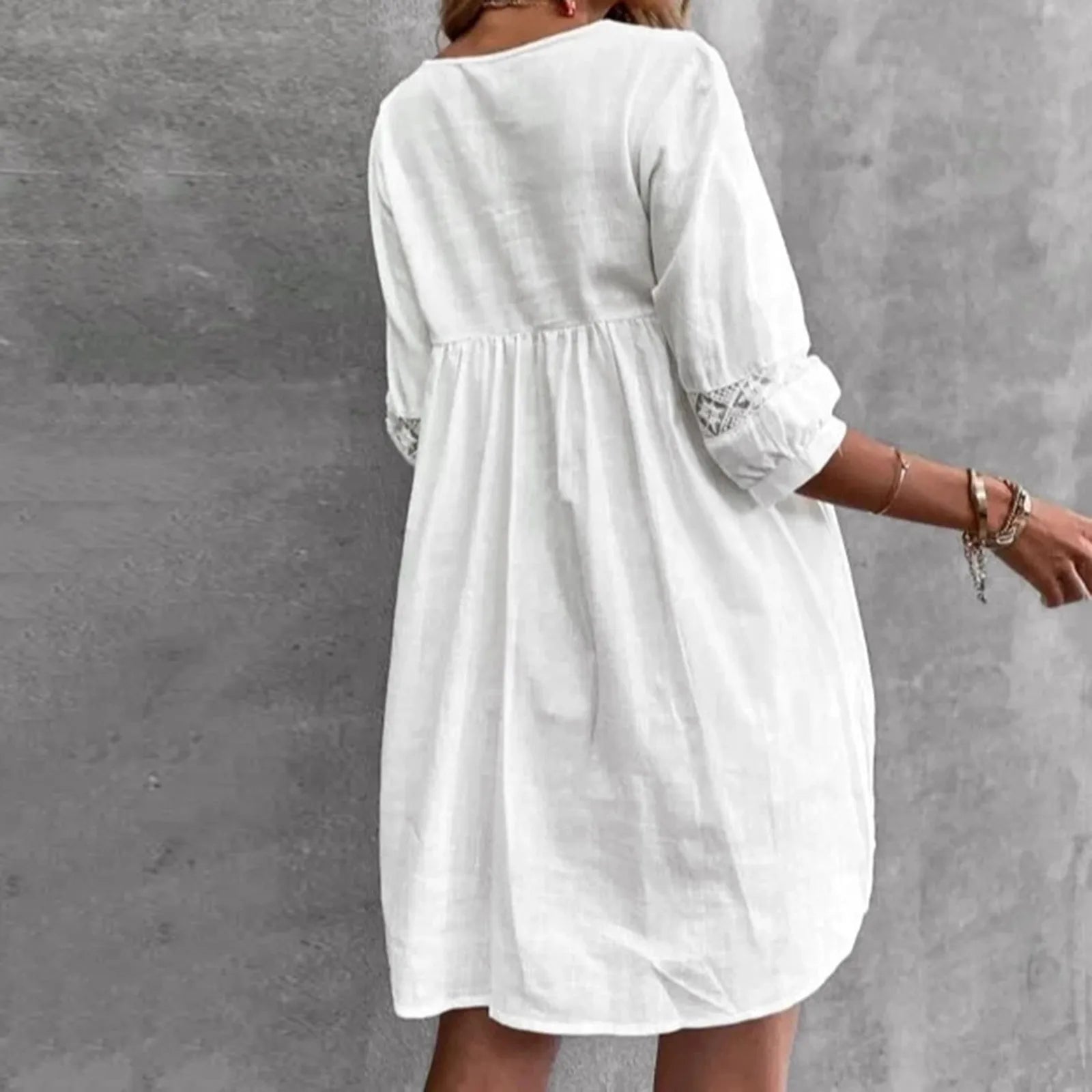 V-Neck Lace Panel Swing Mini Dress with Relaxed Flowy Silhouette