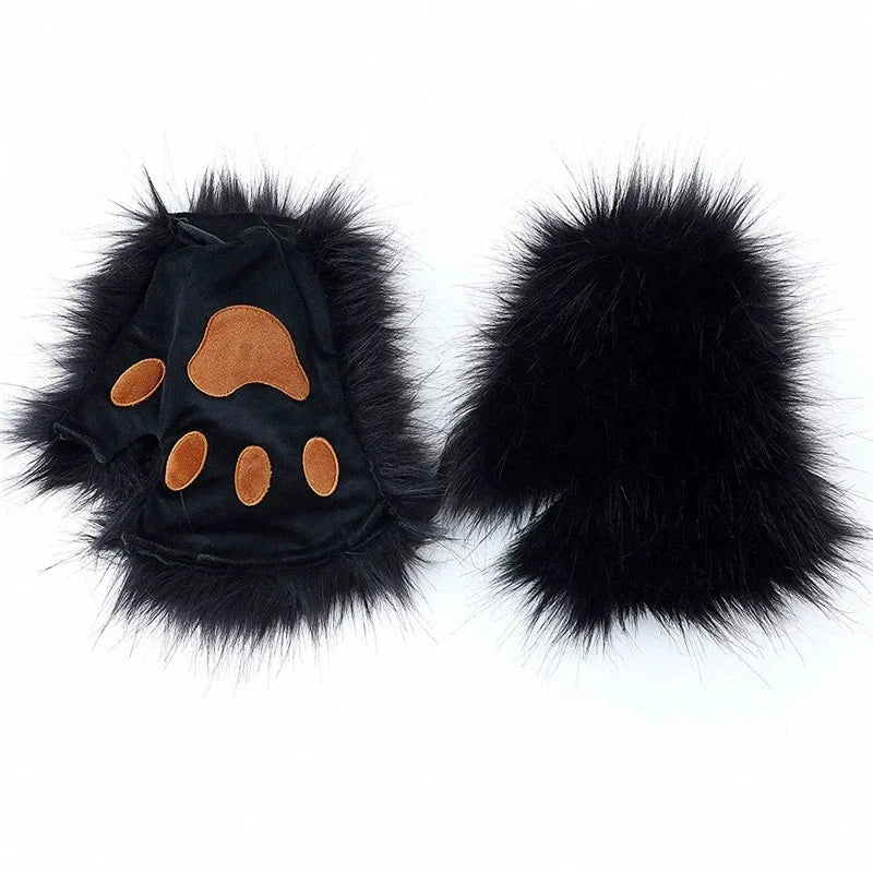 Complete Black and White Fox Maid Cosplay Set with Plush Paws, Tail, and Ear Headband