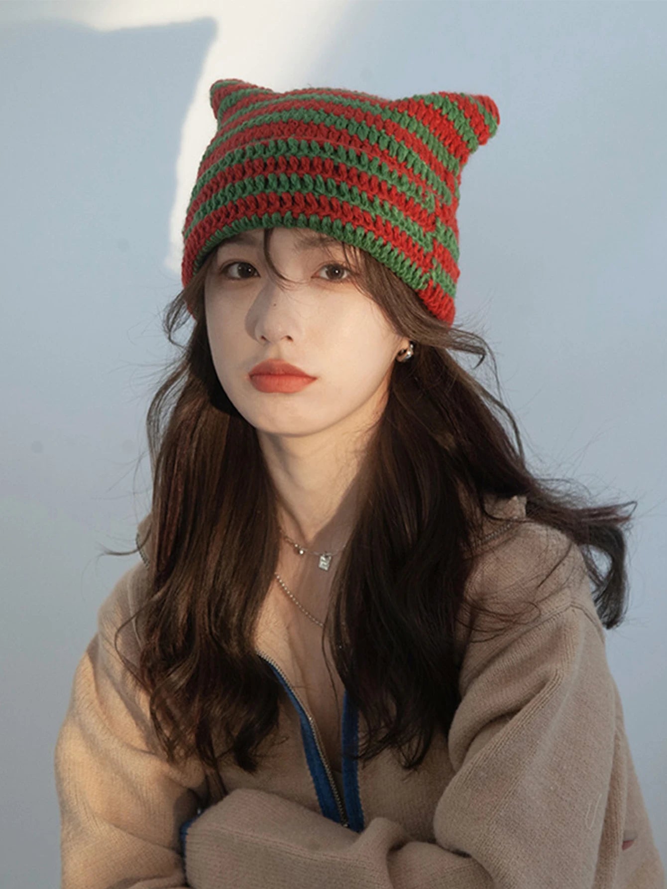 Striped Cat Ear Knit Beanie with Cotton Blend Construction for Playful Streetwear Winter Fashion