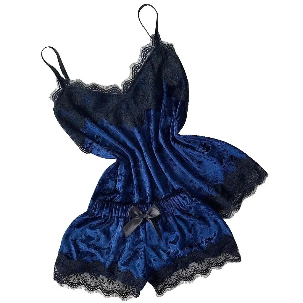Women's Velvet Cami Pajama Set with Bow and Lace Trim, Sleeveless V-Neck Top and Matching Shorts, Elegant Summer Nightwear