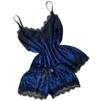 Women's Velvet Cami Pajama Set with Bow and Lace Trim, Sleeveless V-Neck Top and Matching Shorts, Elegant Summer Nightwear